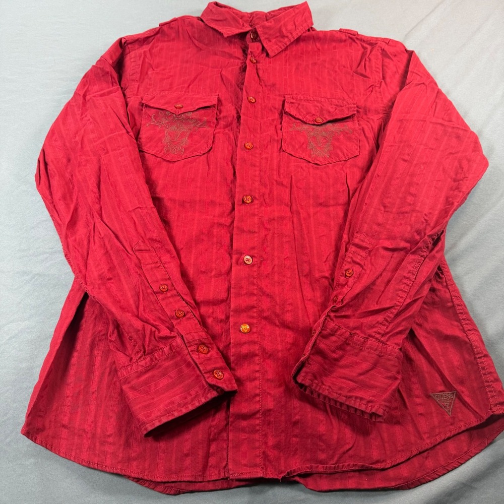 Guess Mens Red Embroidered Y2K Streetwear Button Down Shirt Large X13H0400000